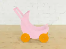 Деревянная коляска для кукол «Мое чудо» (розовая с оранжевыми колесами)1