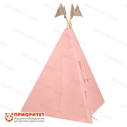 Большой вигвам из розового льна с контрастными шторками с окном, карманом и флажками 1_1_1