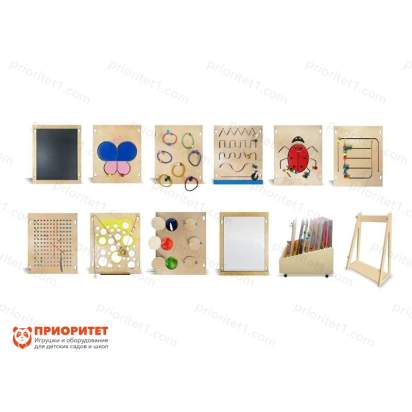 Набор тактильно-развивающих панелей «Счастливое детство» (10 панелей + настенное основание и система хранения)_1