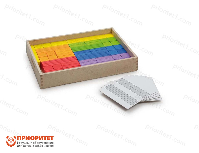 Игра для изучения объема, набор: деревянная коробочка с разноцветными деталями и карточки