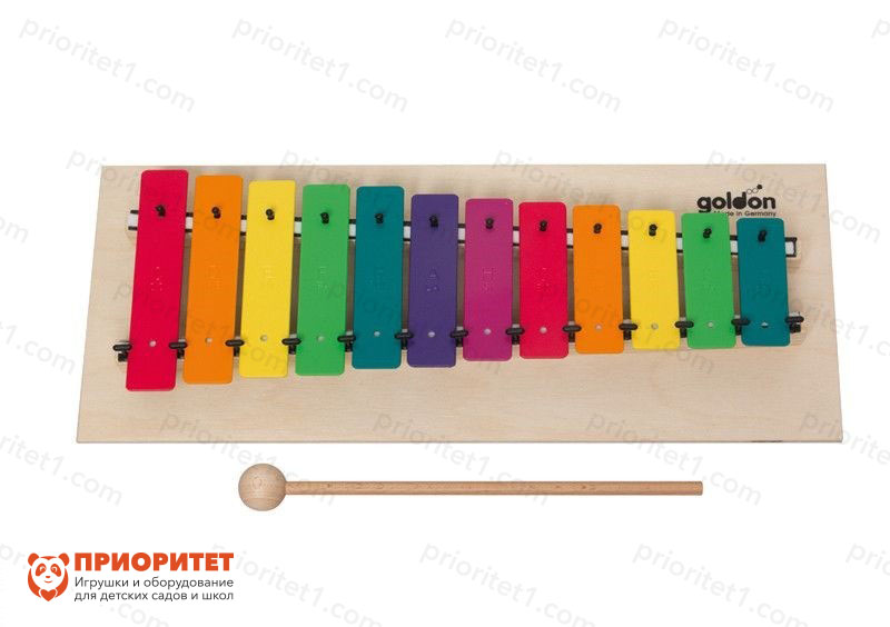 Металлофон 12 разноцветных нот (цвета радуги, фанерная подставка)
