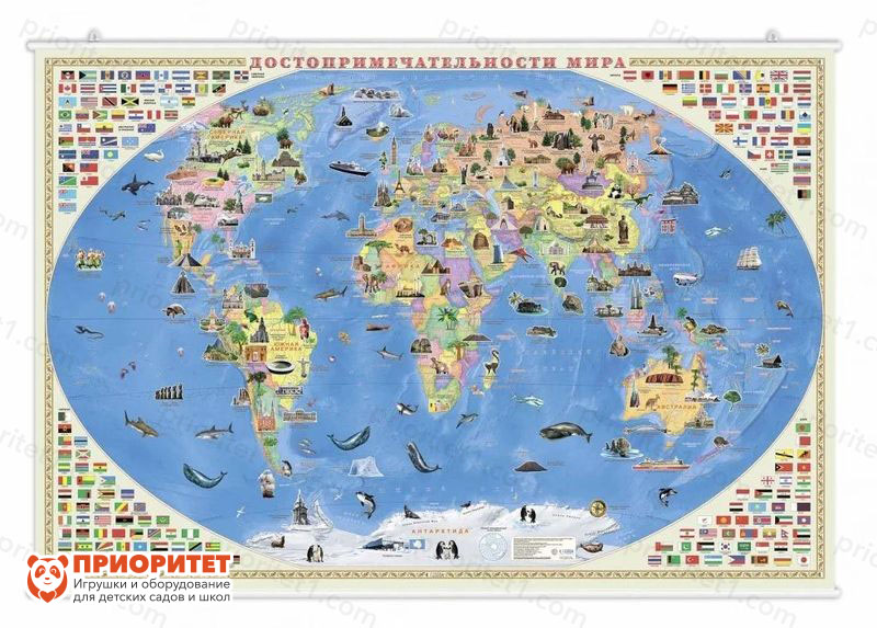 Настенная карта на рейках «Достопримечательности мира»