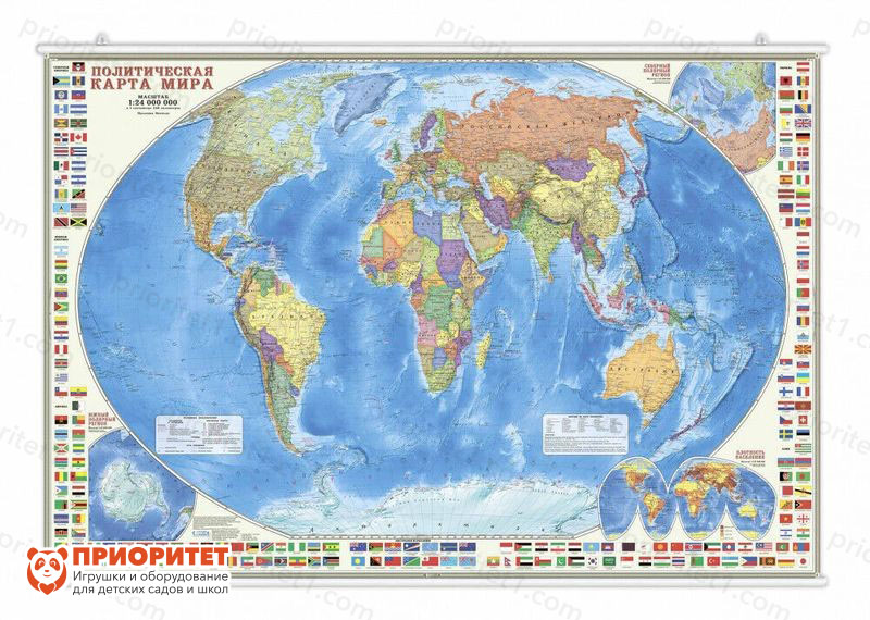 Настенная карта на рейках «Мир Политический с флагами»