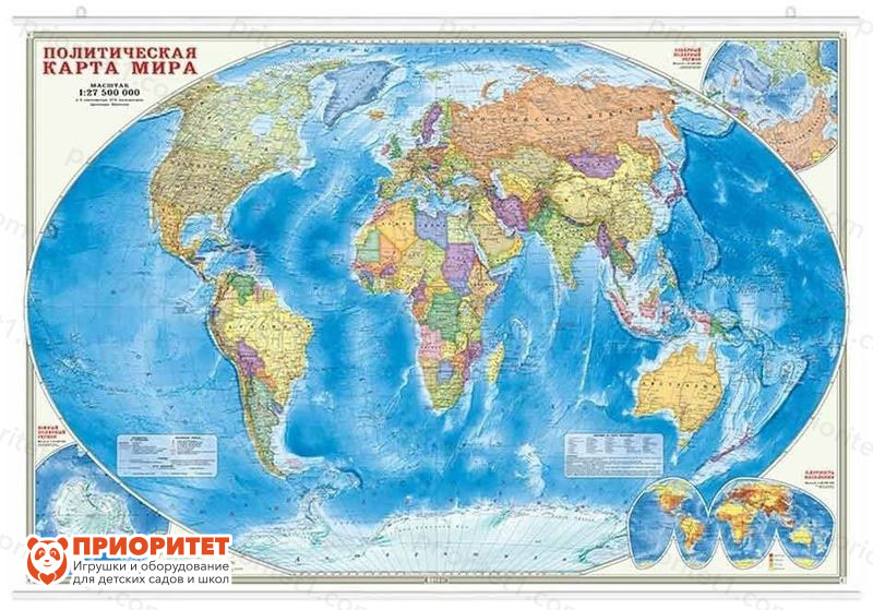 Настенная карта на рейках «Мир Политический» 124x80 см