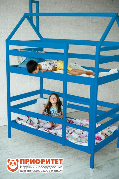 Кровать двухъярусная Домик береза синяя для детей